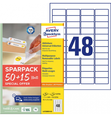 Etiketten L4736REV-65, weiß 45,7x21,2mm, rechteckig, 