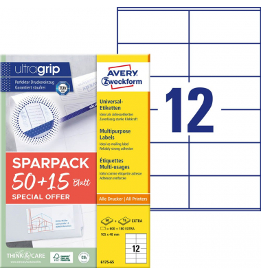 Etiketten ultragrip 6175-65, wei&szlig;, 105x48mm, rechteckig