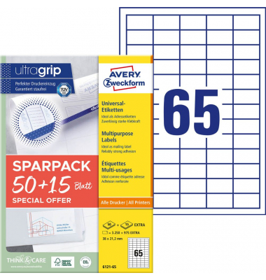 Etiketten ultragrip 6121-65, wei&szlig;, 38x21,2mm, rechteckig
