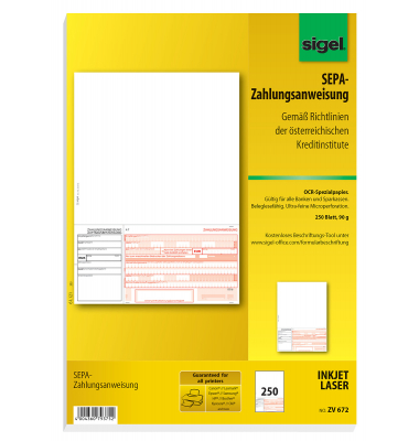 PC-SEPA-Zahlungsanweisung Österreich, A4, OCR-Spezialpapier, beleglesefähig, MP, 250 BL