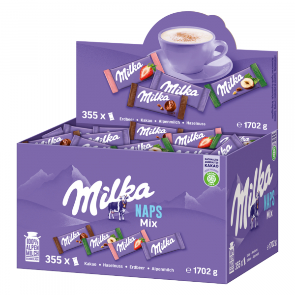7622300681951 - Minischokolade Milka Naps Mix bestehend aus den Sorten Alpenmilch Schokolade Alpenmilch-Schokolade mit Kakaocrème Erdbeergeschmack & Haselnussstückchen 1702 kg