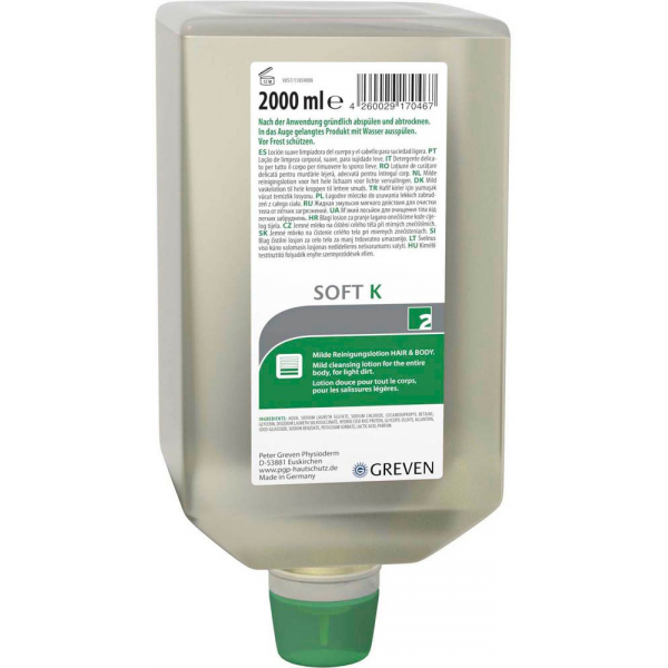 4260029170467 - Peter Greven GREVEN® SOFT K Reinigungslotion parfümiert Bei leichten und mittleren Verschmutzungen 2 Liter - Weichflasche 4260029170467 - Peter Greven GREVEN® SOFT K Reinigungslotion parfümiert Bei leichten und mittleren Verschmutzungen 2 Liter - Weichflasche