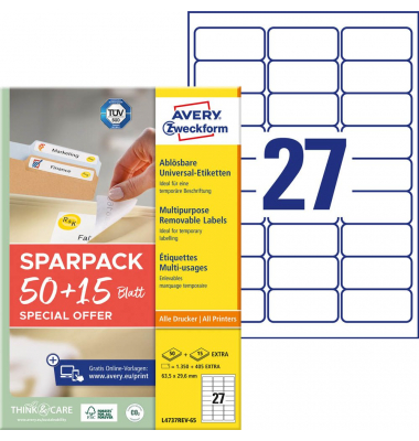 Etiketten L4737REV-65, weiß 63,5x29,6mm, recht, 