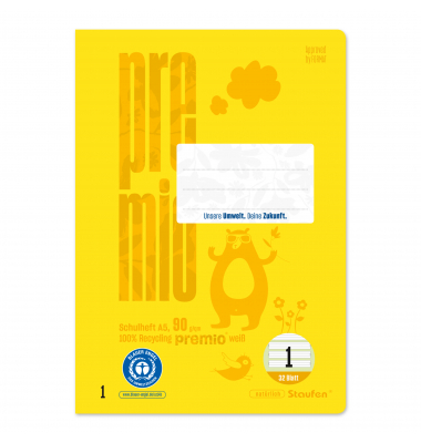 Schulheft 040781001 PREMIO, Lineatur 5 / liniert / keine, A5, 90g, hellgelb, 32 Blatt / 64 Seiten