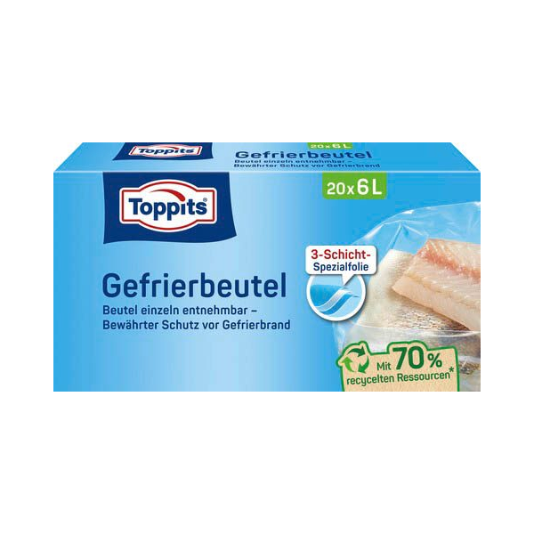 4008871208095 - Toppits® Gefrierbeutel Standboden Mit Standboden für einfaches Befüllen Fassungsvermögen 6 Liter 1 Packung = 20 Stück 4008871208095 - Toppits® Gefrierbeutel Standboden Mit Standboden für einfaches Befüllen Fassungsvermögen 6 Liter 1 Packung = 20 Stück