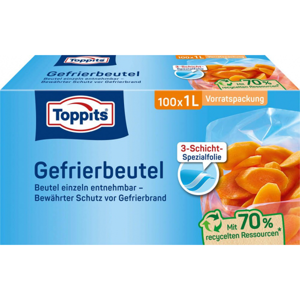 4008871208118 - Toppits® Gefrierbeutel Standboden Vorratspack Mit Standboden für einfaches Befüllen Fassungsvermögen 1 Liter 1 Packung = 100 Stück 4008871208118 - Toppits® Gefrierbeutel Standboden Vorratspack Mit Standboden für einfaches Befüllen Fassungsvermögen 1 Liter 1 Packung = 100 Stück