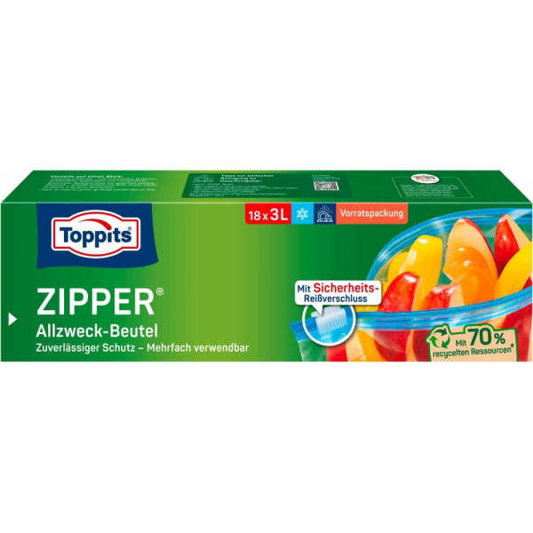 4008871211040 - Toppits Zipper® Vorratspack XL Allzweck-Beutel Mit Reißverschluss 1 Packung = 18 Beutel 3 Liter Fassungsvermögen 4008871211040 - Toppits Zipper® Vorratspack XL Allzweck-Beutel Mit Reißverschluss 1 Packung = 18 Beutel 3 Liter Fassungsvermögen