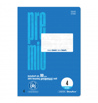 Schulheft 040781004 Premio, Lineatur 10 / liniert / keine, A5, 90g, blau, 32 Blatt / 64 Seiten