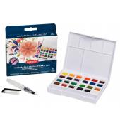 Wasserfarbkasten 24 halbe Näpfchen und eine Derwent Mini Waterbrush in einer kompakten Palette mit Mischschale