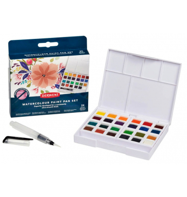 Wasserfarbkasten 24 halbe Näpfchen und eine Derwent Mini Waterbrush in einer kompakten Palette mit Mischschale