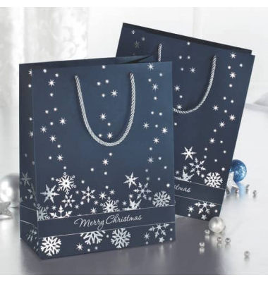 Geschenktasche GT110 Silver Snowflakes, Weihnachten, mit Tragekordel, Silberne Schneeflocken, 26cm x 33cm