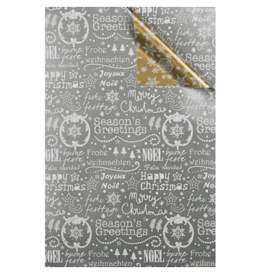 Geschenkpapier 4A5603, Weihnachten (Schrift- und Flockendesign), 50cm x 150m, silber/gold/weiss
