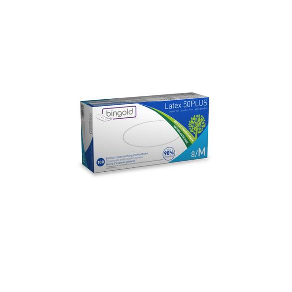 4004034422186 - Schutzhandschuhe BINGOLD Latex 50PLUS Einweg puderfrei und chloriert Latex naturfarben Größe M 100 Stück