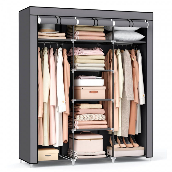 6955880344956 - Kleiderschrank Faltschrank Stoffschrank faltbare Garderobe mit 2 Kleiderstange 175 x 150 x 45 cm grau RYG12G - Grau 6955880344956 - Kleiderschrank Faltschrank Stoffschrank faltbare Garderobe mit 2 Kleiderstange 175 x 150 x 45 cm grau RYG12G - Grau