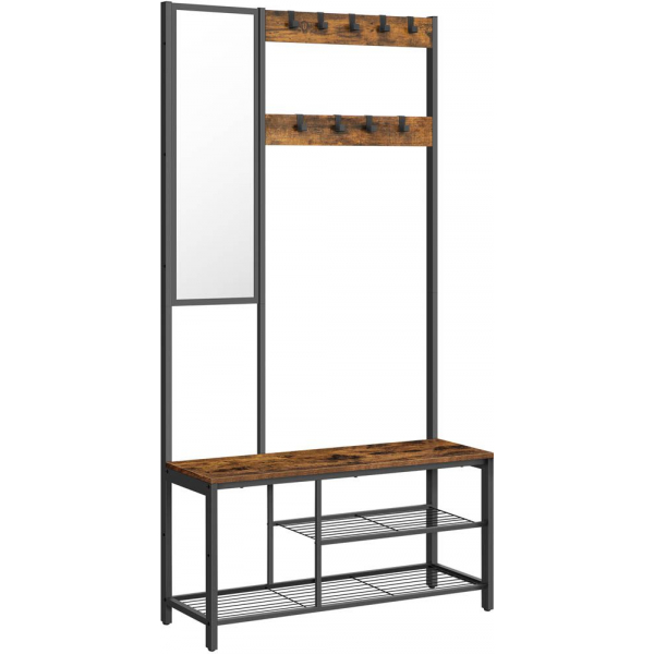 0194343015316 - Vasagle Garderobenständer mit Spiegel Haken Kleiderständer Schuhregal mit Sitzfläche 185 cm hoch einfache Montage vintagebraun-schwarz HSR050B01 0194343015316 - Vasagle Garderobenständer mit Spiegel Haken Kleiderständer Schuhregal mit Sitzfläche 185 cm hoch einfache Montage vintagebraun-schwarz HSR050B01