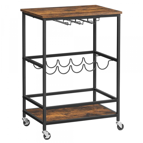 0194343017983 - LRC087B01 Küchenwagen auf Rollen mit Glasböden und Flaschenhalter 60 x 40 x 75 cm Industriedesign Vintage Braun Schwarz 0194343017983 - LRC087B01 Küchenwagen auf Rollen mit Glasböden und Flaschenhalter 60 x 40 x 75 cm Industriedesign Vintage Braun Schwarz