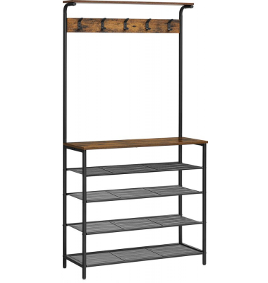 Garderobenbank mit Haken und Schuhrost HSR408B01 braun, schwarz Metall 80,0 cm