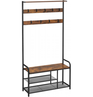 Garderobenbank mit Haken und Schuhrost HSR409B01 braun, schwarz Metall 85,0 cm