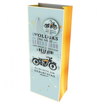 Geschenktasche 462001, Geburtstag, Kordel mit Anhänger, Motorrad+Geburtstagsspruch, 125mm x 330mm