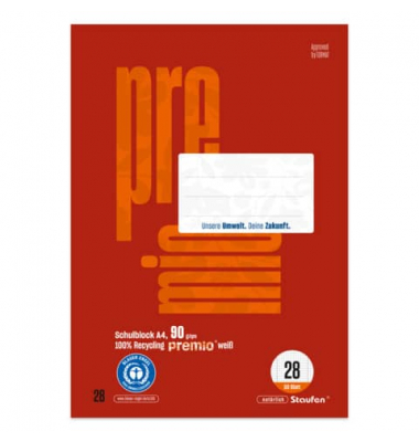 Schulblock 040751028 Premio, Lineatur 28 / kariert mit Rand innen/außen, A4, 90g, 50 Blatt