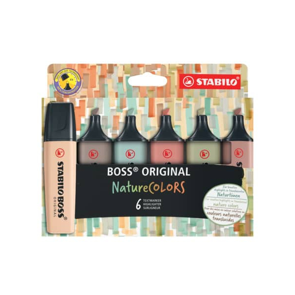 5 Stück Stabilo Textmarker STABILO BOSS ORIGINAL NatureCOLORS, EO70/6-2-2, Etui, sortiert in 6 Farben, 2-5mm Keilspitze 4006381603140 Stabilo 6 Stück
