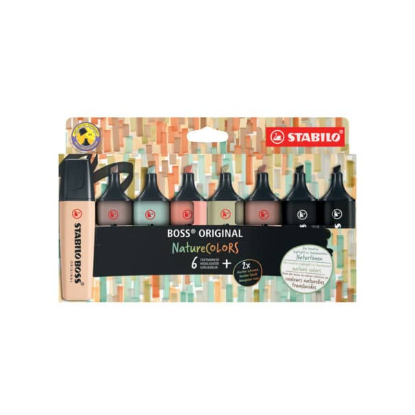 5 Stück Stabilo Textmarker STABILO BOSS ORIGINAL NatureCOLORS, EO70/8-2-1, Etui, sortiert in 7 Farben, 2+5mm Keilspitze 4006381603157 Stabilo 8 Stück
