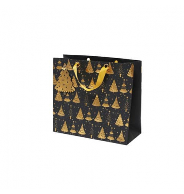 Geschenktasche 13728544000, Weihnachten, Ösen,Schleifenband mit Anhänger Tannebaum, goldene Tannenbäume, 260mm x 310mm
