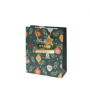 Geschenktasche 13668556000, Weihnachten, Kordel mit Sternanhänger, Christbaumkugeln/Tannenzweige, 260mm x 320mm