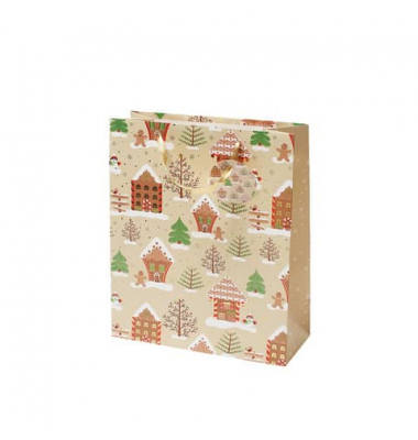Geschenktasche 13668558000, Weihnachten, Schleifenband mit Anhänger, Lebkuchendorf, 260mm x 320mm