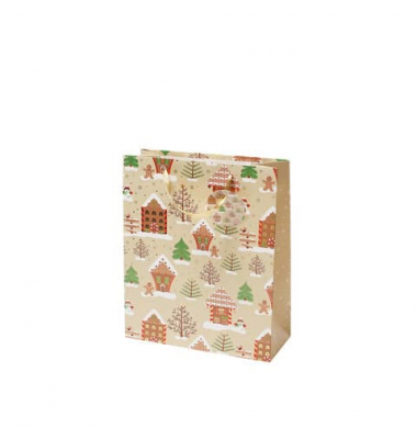 Geschenktasche 13698558000, Weihnachten, Schleifenband mit Anhänger, Lebkuchendorf, 180mm x 230mm