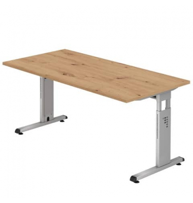 Schreibtisch O-Serie, manuell höhenverstellbar, 65-85cm (H), 160x80cm (BxT), rechteckig, asteiche / silber
