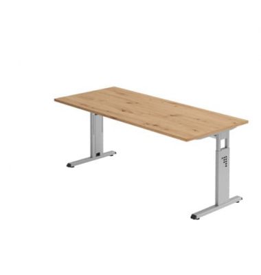 Schreibtisch O-Serie, manuell höhenverstellbar, 65-85cm (H), 180x80cm (BxT), rechteckig, asteiche / silber