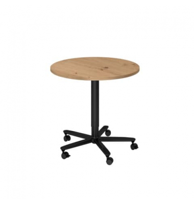 Besprechungstisch, sufenlos &uuml;ber Gasdruckfeder h&ouml;henverstellbar 72-114cm (H), 80x80cm (BxT), rund, asteiche / schwarz, mit Rolle