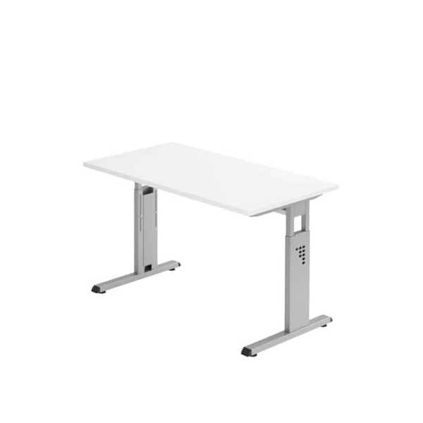 Hammerbacher Schreibtisch O-Serie mini, manuell höhenverstellbar, 65-85cm (H), 120x67cm (BxT), rechteckig, weiß / silber  Hammerbacher
