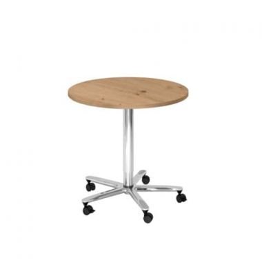 Besprechungstisch, sufenlos &uuml;ber Gasdruckfeder h&ouml;henverstellbar 72-114cm (H), 80x80cm (BxT), rund, asteiche / chrom, mit Rollen