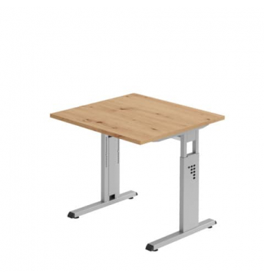 Schreibtisch, manuell höhenverstellbar, 65-85cm (H), 80x80cm (BxT), quadratisch, asteiche / silber