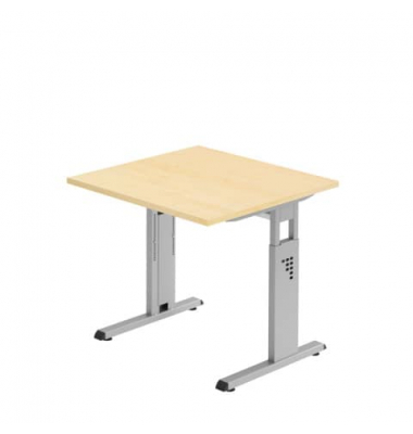 Schreibtisch, manuell höhenverstellbar, 65-85cm (H), 80x80cm (BxT), quadratisch, ahorn / silber