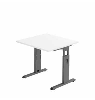 Schreibtisch, manuell höhenverstellbar, 65-85cm (H), 80x80cm (BxT), quadratisch, weiß / graphit