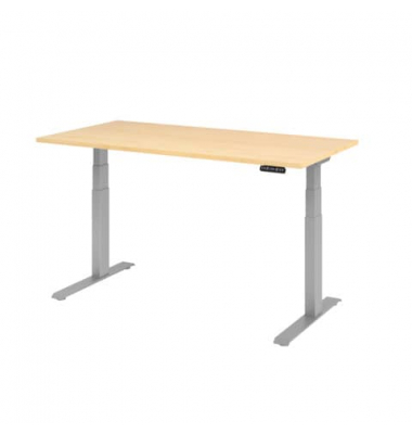 Schreibtisch, elektrisch höhenverstellbar, 64-129cm (H), 160x80cm (BxT), rechteckig, ahorn / silber