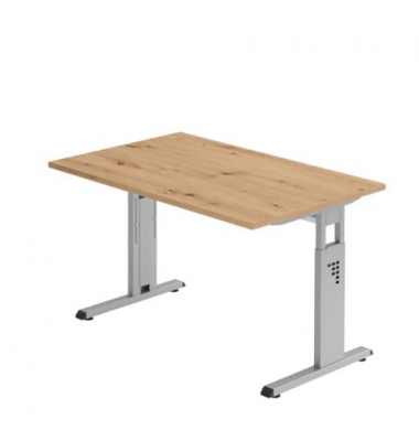 Schreibtisch, manuell höhenverstellbar, 65-85cm (H), 120x80cm (BxT), rechteckig, asteiche / silber