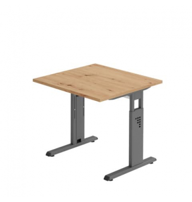 Schreibtisch, manuell höhenverstellbar, 65-85cm (H), 80x80cm (BxT), quadratisch, asteiche / graphit