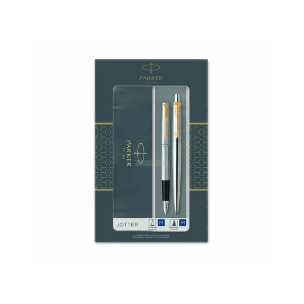 3026980932572 - Parker Jotter Duo Geschenkset mit Kugelschreiber und Füllfederhalter | Edelstahl mit Goldverzierung | blaue Tintenmine und Patronen | Geschenkbox