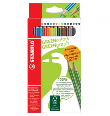 Farbstiftetui Green 12+2 sortiert