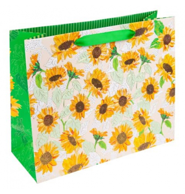 Geschenktasche 46 549 Sunflower white, allgemein, Schleifenband mit Karte, Goldprägung, Sonnenblumen, 330mm x 270mm