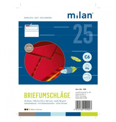 Briefumschlag MILAN 109, C6, haftklebend mit Abziehstreifen, 80g, weiß