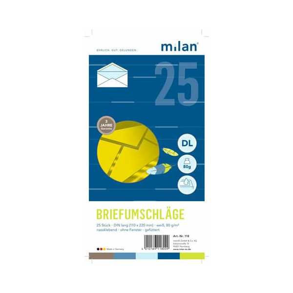 4010169118009 - Briefumschlag 118 DIN lang Nassklebend 80g weiß 4010169118009 MILAN 4010169118009 - Briefumschlag 118 DIN lang Nassklebend 80g weiß 4010169118009 MILAN
