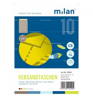 Versandtaschen 125/20, C5, ohne Fenster, nassklebend, 90g, braun