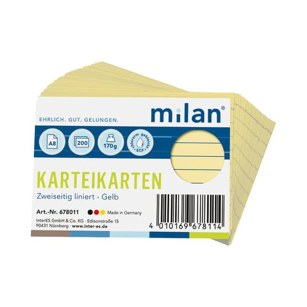 MILAN Karteikarten 678011 gelb Lineatur 170g  4010169678114 MILAN 200 Stück