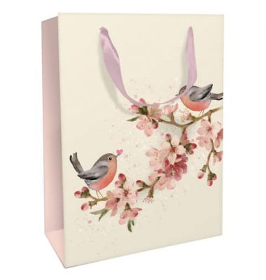 Geschenktasche 1583-24006, allgemein, Schleifenband, Vögel auf Kirschblütenzweig, 260mm x 360mm