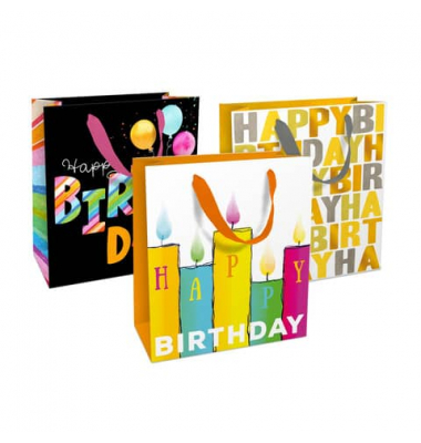 Geschenktasche 1582-25350/PBS, Geburtstag, Schleifenband, 3 Motive sortiert, 180mm x 210mm